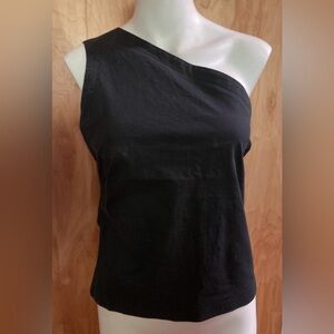 Vintage Italian Designer Black Cotton stretch one-shoulder Top Sz M